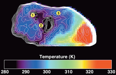 Temperature Map and Three Ice Rich Regions on Tempel 1's Surface