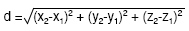 d = sqrt((x2-x1)^2 + (y2-y1)^2 + (z2-z1)^2)