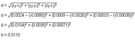 d = sqrt((x2-x1)^2 + (y2=y1)^2 + (z2-z1)^2); d = sqrt((.0024 - (-0.0080))^2 + (0.009 - (-0.0026))^2 + (0.0033 - (-0.00038))^2); d= sqrt((0.0104)^2 + (0.0035)^2 + (0.00071)^2); d = 0.0110