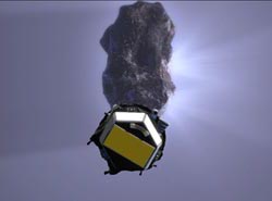 Artist's concept showing Deep Impact just before impact with comet Tempel 1.